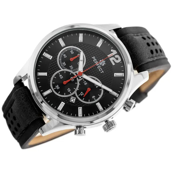 Perfect férfi kronográf karóra, 44 mm, fekete számlap, bőr szíj, WR30