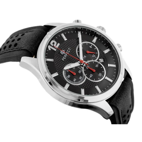 Perfect férfi kronográf karóra, 44 mm, fekete számlap, bőr szíj, WR30
