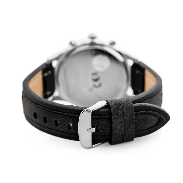 Perfect férfi kronográf karóra, 44 mm, fekete számlap, bőr szíj, WR30