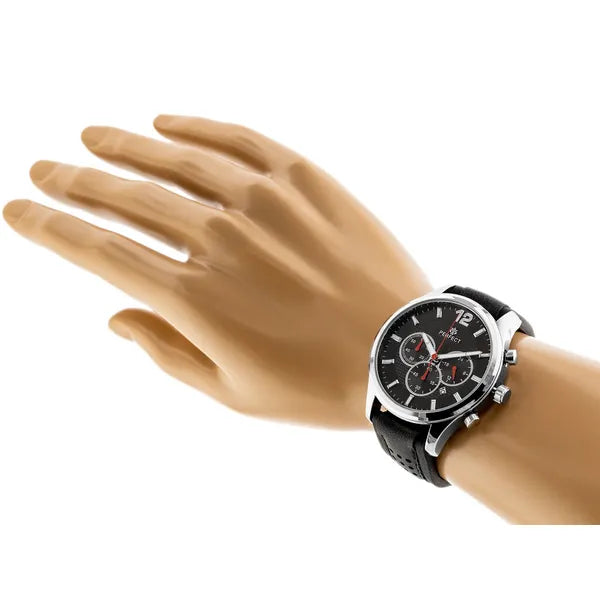 Perfect férfi kronográf karóra, 44 mm, fekete számlap, bőr szíj, WR30