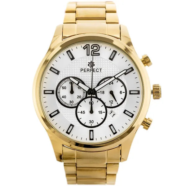 Perfect CH01M férfi kronográf kvarc karóra, 44 mm, arany fémszíj, ezüst számlap
