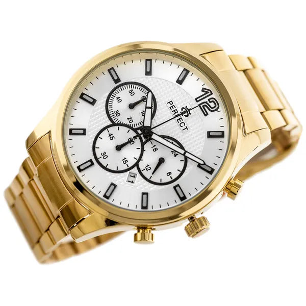 Perfect CH01M férfi kronográf kvarc karóra, 44 mm, arany fémszíj, ezüst számlap