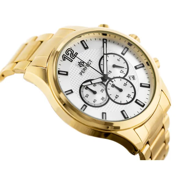 Perfect CH01M férfi kronográf kvarc karóra, 44 mm, arany fémszíj, ezüst számlap