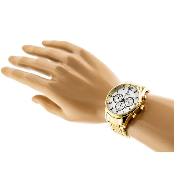 Perfect CH01M férfi kronográf kvarc karóra, 44 mm, arany fémszíj, ezüst számlap