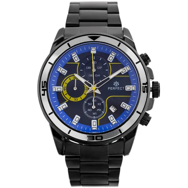 Perfect CH02M férfi kronográf karóra, kék számlap, 46 mm, fekete fém szíj