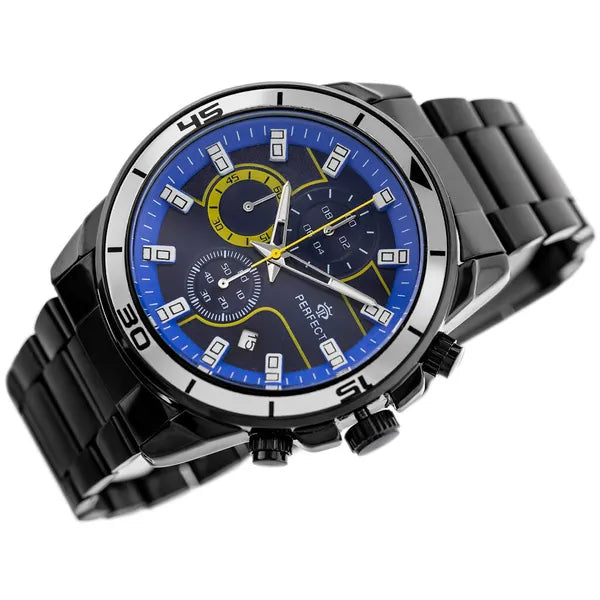 Perfect CH02M férfi kronográf karóra, kék számlap, 46 mm, fekete fém szíj