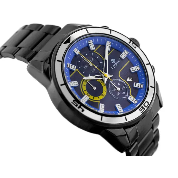 Perfect CH02M férfi kronográf karóra, kék számlap, 46 mm, fekete fém szíj
