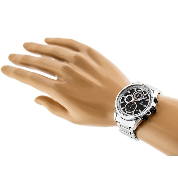 Perfect férfi kronográf karóra 44 mm, fekete számlap, ezüst fém szíj, kvarc