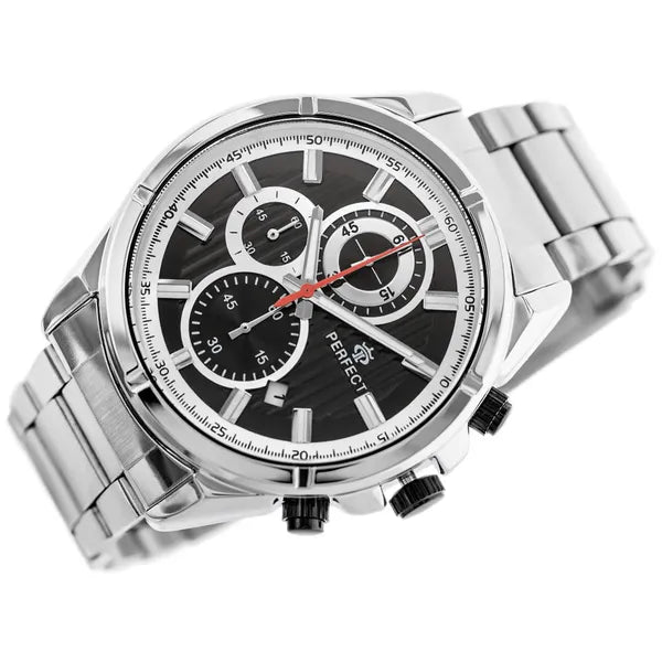 Perfect férfi kronográf karóra 44 mm, fekete számlap, ezüst fém szíj, kvarc