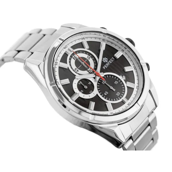 Perfect férfi kronográf karóra 44 mm, fekete számlap, ezüst fém szíj, kvarc