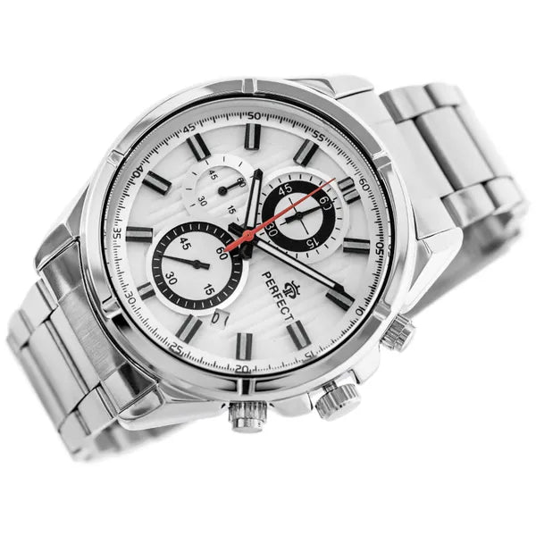 Perfect CH03M férfi kronográf karóra, ezüst, Miyota kvarc, fém szíj, 44 mm
