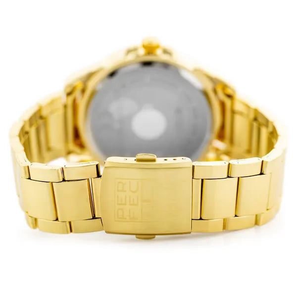 Perfect férfi karóra, arany fém szíj, ezüst számlap, 45 mm, dátum, WR30