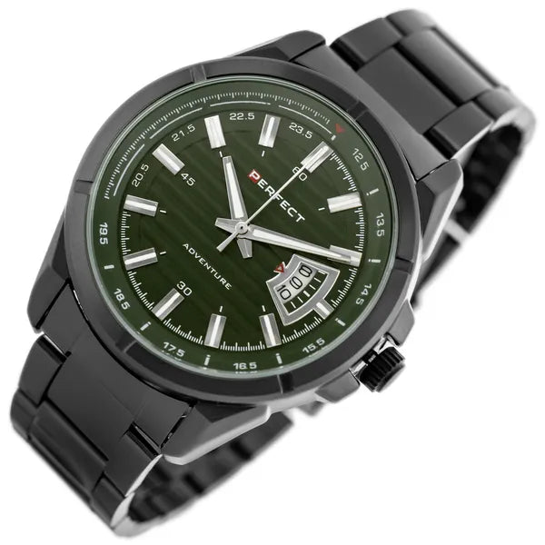 Perfect férfi karóra, 45 mm, fekete fémszíj, zöld számlap, dátum, WR30, dobozzal