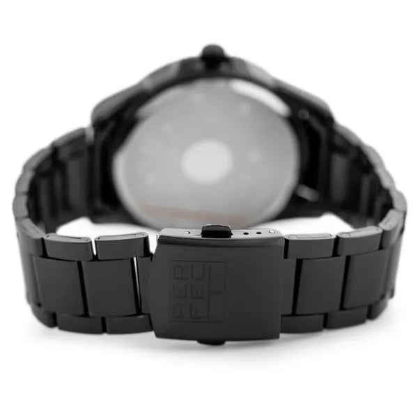 Perfect férfi karóra, 45 mm, fekete fémszíj, zöld számlap, dátum, WR30, dobozzal