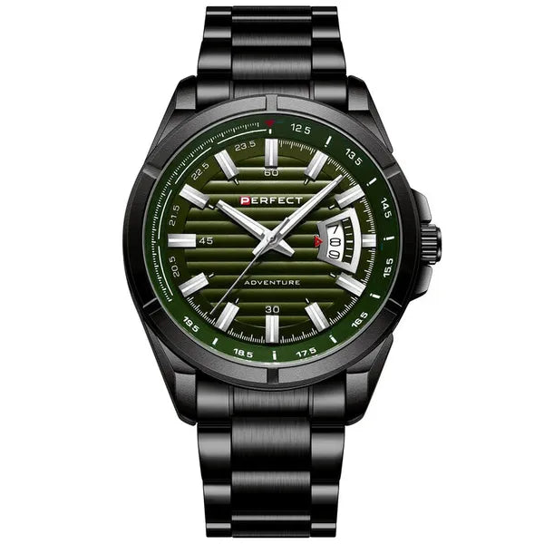 Perfect férfi karóra, 45 mm, fekete fémszíj, zöld számlap, dátum, WR30, dobozzal