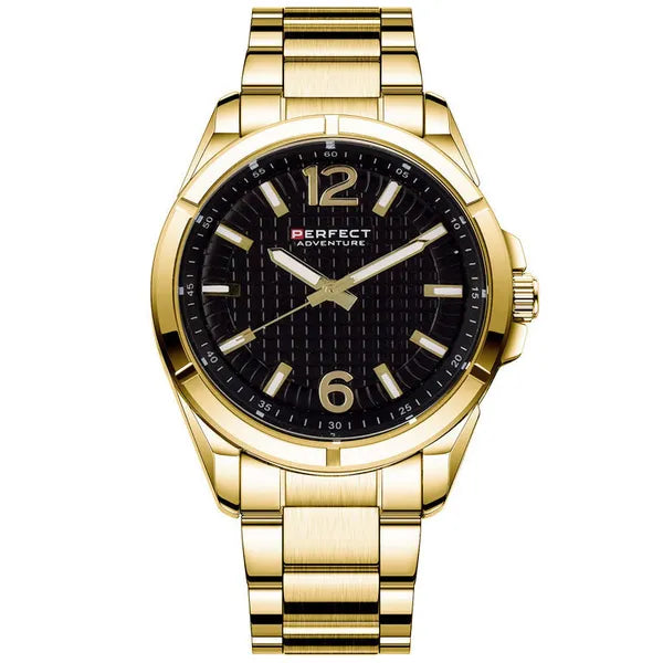 Perfect férfi karóra, 45 mm, fekete számlap, arany fémszíj, WR30, díszdoboz