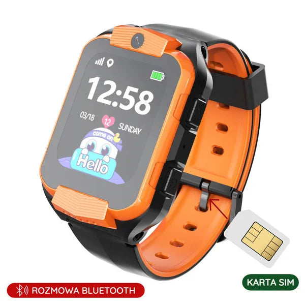 Gyerek okosóra 4G LTE/GPS, 1,69" kijelző, IP65 – narancs/fekete