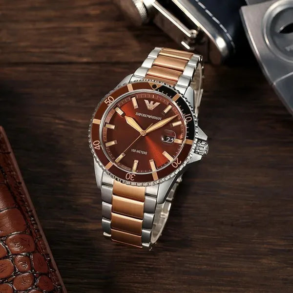 Emporio Armani AR11340 férfi kvarc karóra, acélcsat, barna számlap, WR100