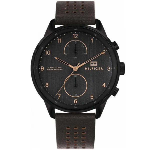 Tommy Hilfiger Chase 1791577 férfi karóra, fekete tok, barna bőr, WR50, kvarc