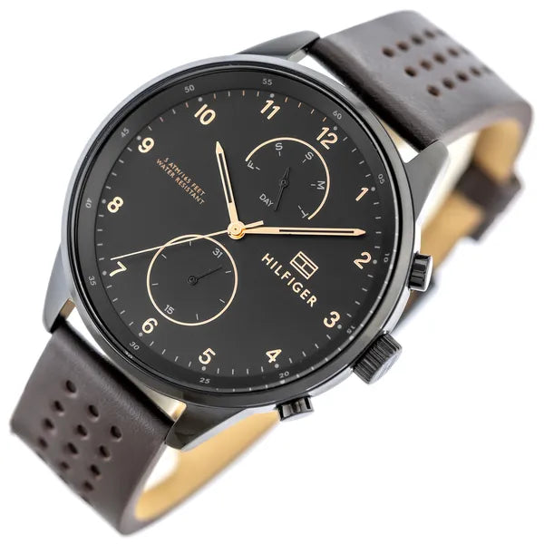 Tommy Hilfiger Chase 1791577 férfi karóra, fekete tok, barna bőr, WR50, kvarc