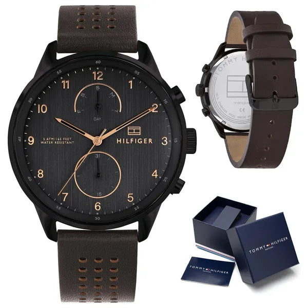 Tommy Hilfiger Chase 1791577 férfi karóra, fekete tok, barna bőr, WR50, kvarc