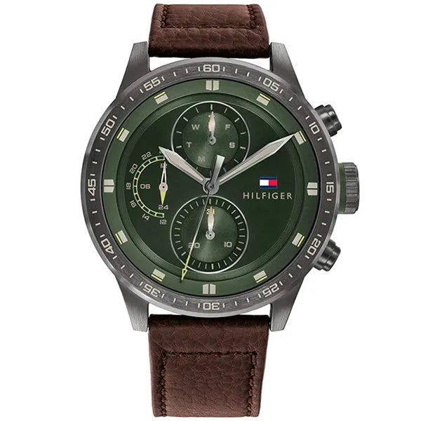 Tommy Hilfiger 1791809 férfi karóra, zöld számlap, barna bőrszíj, 46 mm, 5 ATM