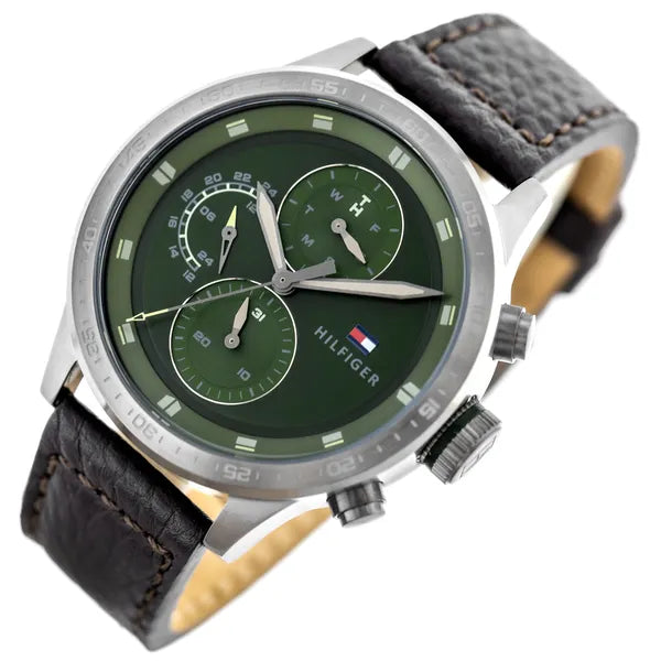 Tommy Hilfiger 1791809 férfi karóra, zöld számlap, barna bőrszíj, 46 mm, 5 ATM