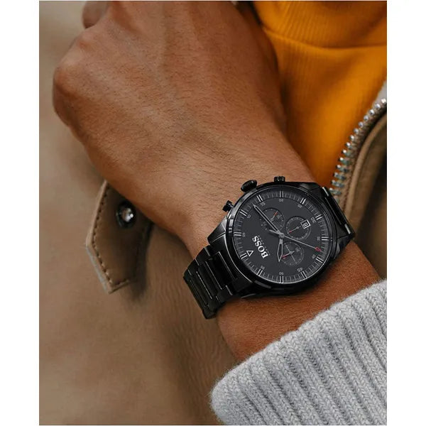 Hugo Boss Pioneer férfi karóra, fekete, kronográf, acél, 44 mm, WR50