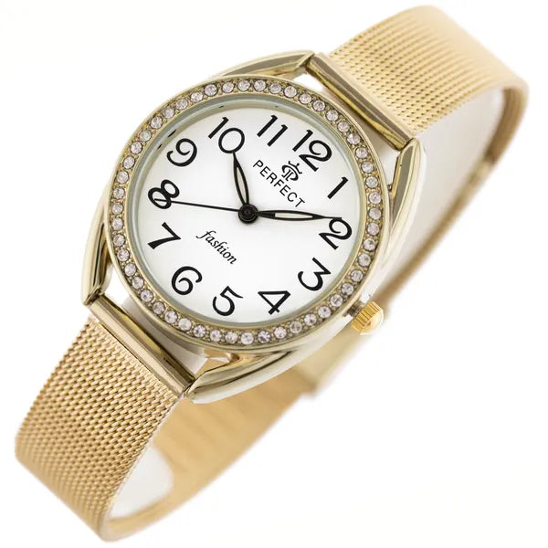 Női kvarc karóra, arany fémszíj, 30 mm, fehér számlap, WR30, díszdoboz