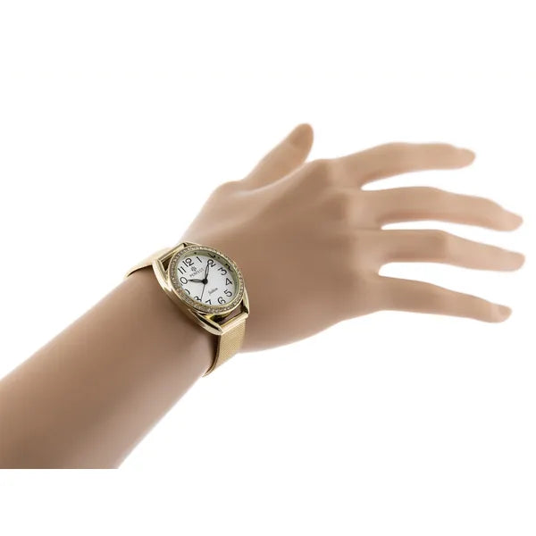 Női kvarc karóra, arany fémszíj, 30 mm, fehér számlap, WR30, díszdoboz