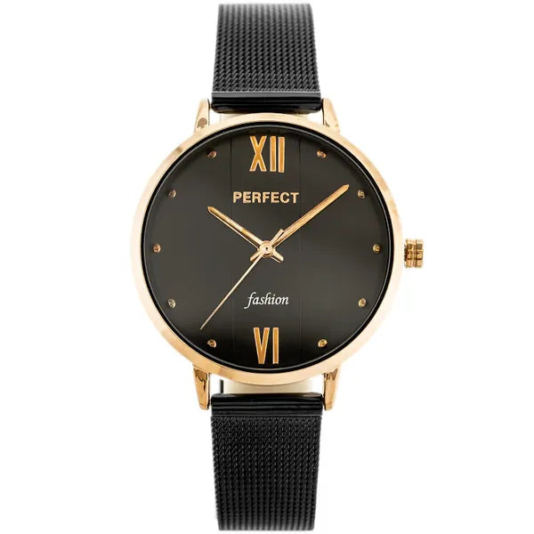 PERFECT F356 női karóra, kvarc, 34 mm, fekete számlap, rózsaarany tok, WR30