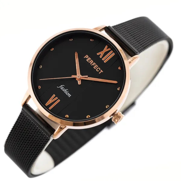 PERFECT F356 női karóra, kvarc, 34 mm, fekete számlap, rózsaarany tok, WR30