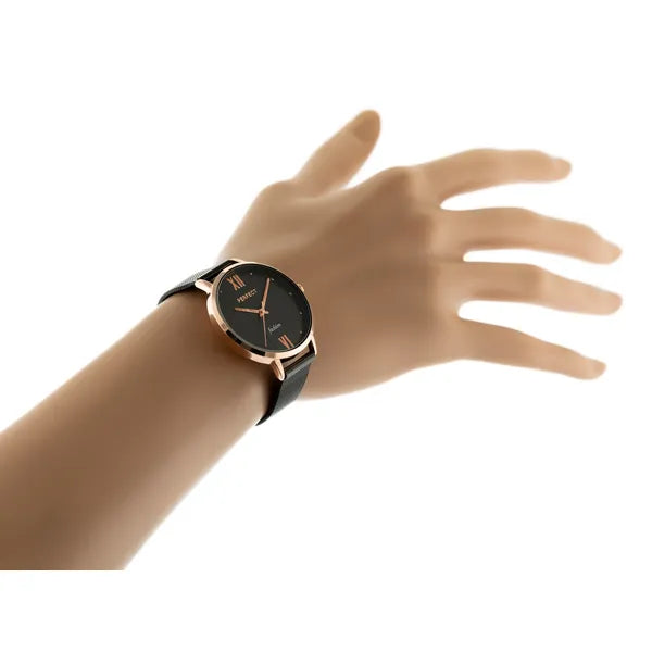 PERFECT F356 női karóra, kvarc, 34 mm, fekete számlap, rózsaarany tok, WR30