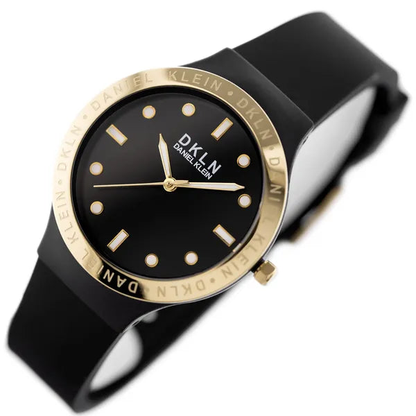 Daniel Klein női óra, fekete/arany, 36 mm, szilikon szíj, kvarc, WR30, díszdoboz
