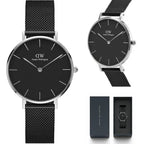 Daniel Wellington Petite női karóra, 32 mm, fekete számlap, ezüst tok, kvarc