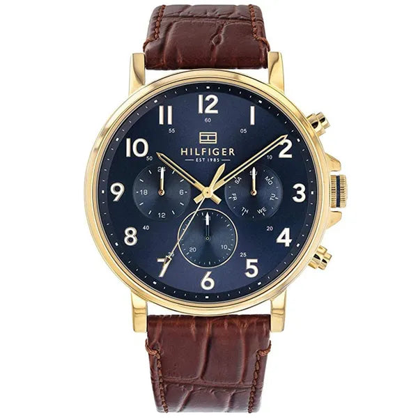 Tommy Hilfiger Daniel 1710380 férfi óra, arany tok, barna bőr, kék számlap