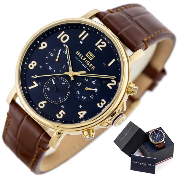 Tommy Hilfiger Daniel 1710380 férfi óra, arany tok, barna bőr, kék számlap