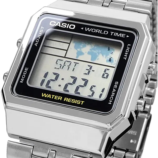 Casio Vintage A500WA-1 férfi digitális karóra, ezüst acélszíj, WR30