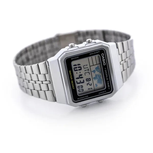 Casio Vintage A500WA-1 férfi digitális karóra, ezüst acélszíj, WR30