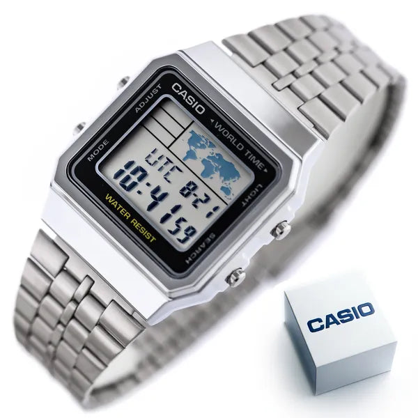 Casio Vintage A500WA-1 férfi digitális karóra, ezüst acélszíj, WR30