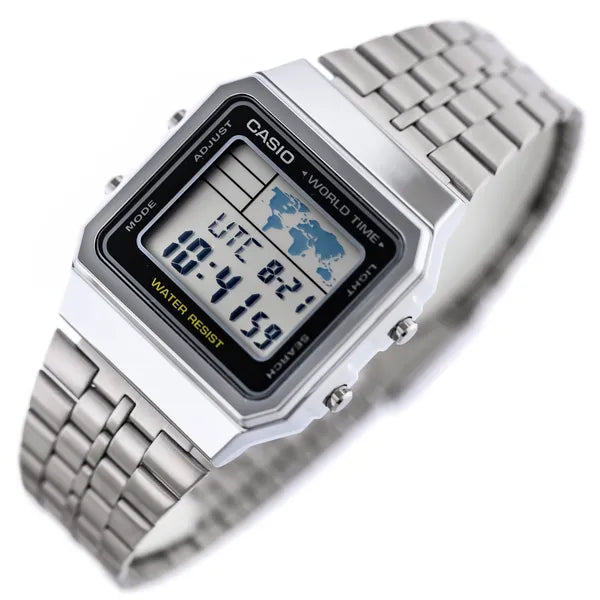 Casio Vintage A500WA-1 férfi digitális karóra, ezüst acélszíj, WR30