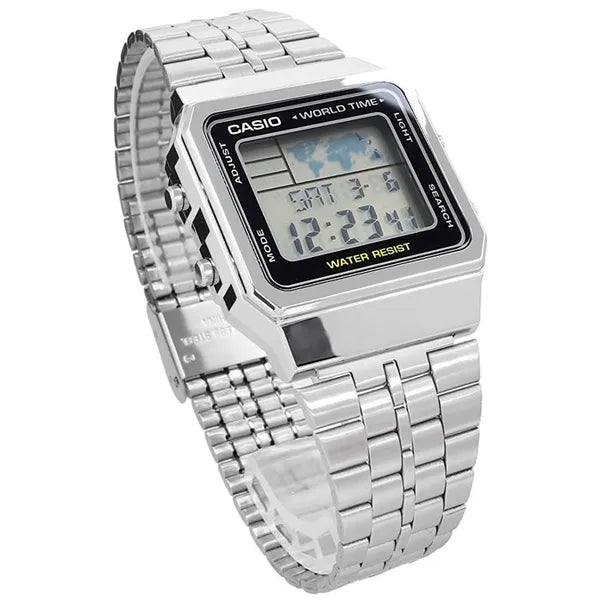Casio Vintage A500WA-1 férfi digitális karóra, ezüst acélszíj, WR30
