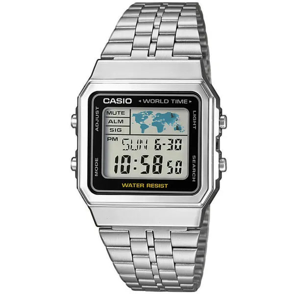 Casio Vintage A500WA-1 férfi digitális karóra, ezüst acélszíj, WR30