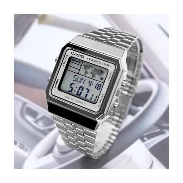 Casio Vintage A500WA-1 férfi digitális karóra, ezüst acélszíj, WR30
