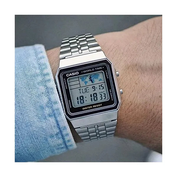 Casio Vintage A500WA-1 férfi digitális karóra, ezüst acélszíj, WR30