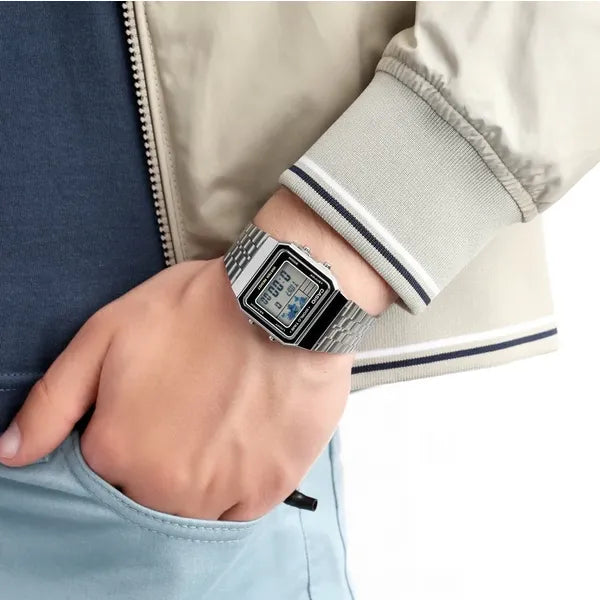 Casio Vintage A500WA-1 férfi digitális karóra, ezüst acélszíj, WR30