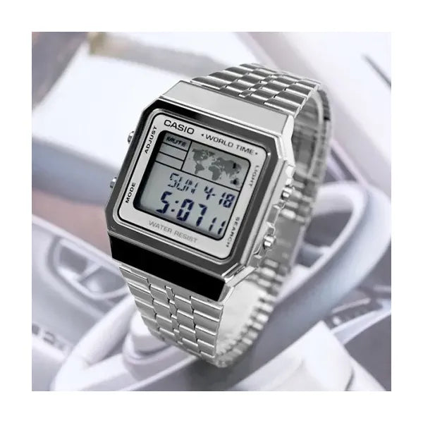 Casio Vintage férfi digitális karóra A500WA-7, ezüst, acél szíj, WR30