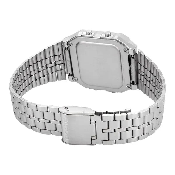 Casio Vintage férfi digitális karóra A500WA-7, ezüst, acél szíj, WR30
