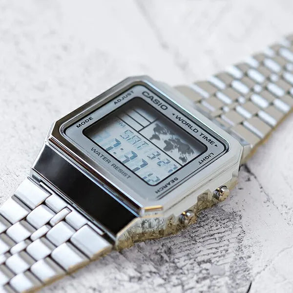 Casio Vintage férfi digitális karóra A500WA-7, ezüst, acél szíj, WR30