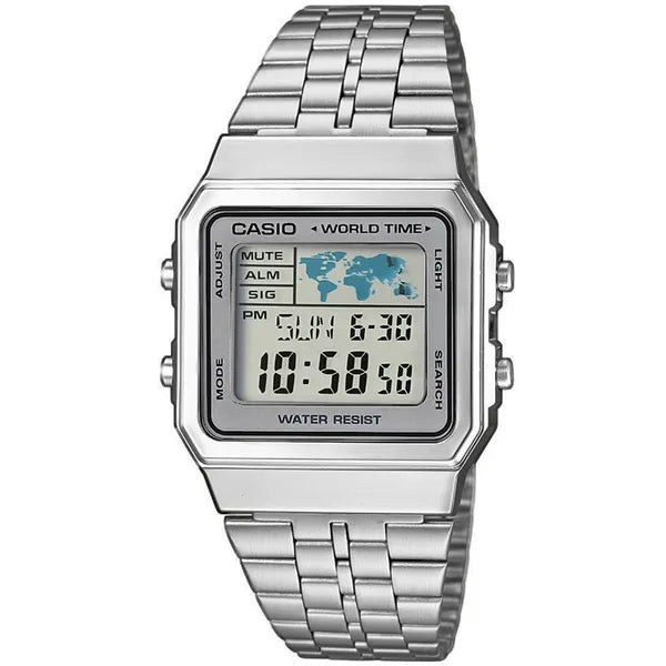 Casio Vintage férfi digitális karóra A500WA-7, ezüst, acél szíj, WR30